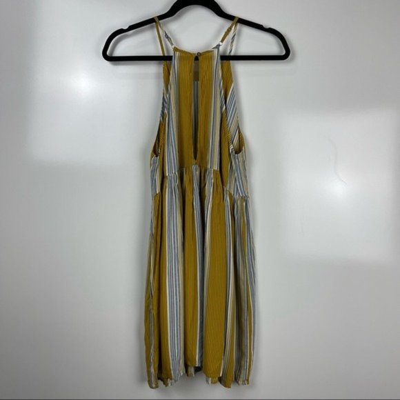 Hem & Thread: Striped Sleeveless Halter Dress, Mustard/Blue, Medium - Picture 2 of 8